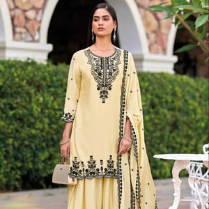 Traje Plazzo Étnico Preconfeccionado para Mujer Chinon con Bordado Intenso para Bodas y Diwali - Product Image 1