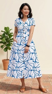 Women Blue Printed Cotton Midi Dress Button Front Summer Dress Short Sleeve Casual Dress with Pockets. - Product Image 3
