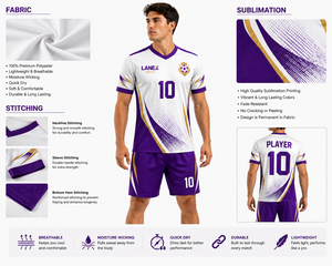 Modern <b>Soccer</b> Kit White Purple with Gold Accent Lines Premium Football Uniform Set with Lightweight Fabric and Custom Number - Product Image 6