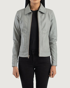 Blouson Bomber Femme Haute Performance en Cuir PU Gris, Manches Longues, Col Rabattu, Fermeture Éclair, Style Automne, Prix Bas - Product Image 2