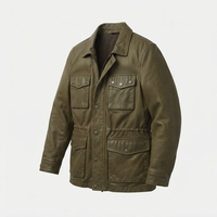 Veste en cuir vert olive pour homme, style workwear, col rabattu, fermeture éclair, quatre poches, doublure en coton, vêtement d'automne