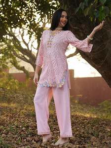 Salwar Kameez Rosa de Algodón Bordado, Ropa Tradicional Musulmana, Túnica con Bordado Floral, Pantalones Anchos para Fiesta de Noche - Product Image 1