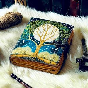Magnifique agenda en cuir A5 fait main avec un superbe motif arbre de vie, papier aquarelle jaune, cadeau écologique pour un usage quotidien - Product Image 2