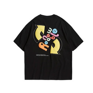 T-shirt noir surdimensionné pour homme avec imprimé logo recyclé coloré au dos, style streetwear, manches courtes, jersey de coton, col rond - Product Image 6