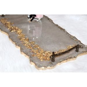 Modern Handmade Resin Serving Tray Gold Metal Handles Dishwasher Safe <b>Mirrored</b> Finish for Breakfast Tea Coffee Snacks Desserts - Product Image 4