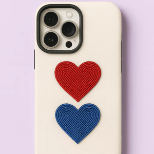Funda de Teléfono Móvil Artística con Bordado de Doble Corazón y Cuentas, Personalizada, Romántica, de Diseño, en Oferta - Product Image 1