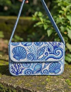 Handmade Ocean Blue Seashell Beaded Zipper Closure 3pcs Women's Shoulder Bag Coastal Purse - Product Image 1