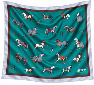 Pañuelo de satén para mujer con estampado ecuestre en verde azulado, diseño de caballo, tacto de seda, cuello cuadrado, borde en contraste, logotipo personalizado, accesorio de moda - Product Image 5