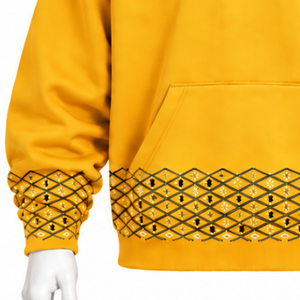 Sudadera con capucha para hombre, amarillo dorado, con borde bordado, oversize, de forro polar, con bolsillo canguro y dobladillo decorativo, estilo casual - Product Image 6