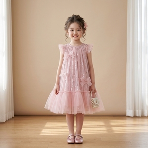 Robe de princesse scintillante rose pour filles, en tulle, pour fête d'anniversaire, robe de demoiselle d'honneur, nœud 3D, sans manches, coupe trapèze, TUTUPETTI, fabriquée au Vietnam - Product Image 3