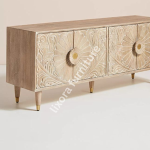 Midcentury Modern Wood <b>TV</b> <b>Stand</b> With Floral Carving Storage Cabinet Living Room Furniture - Product Image 6
