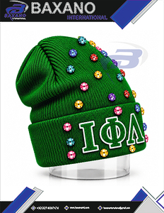 Gorro de Invierno de Punto Verde con Adornos de Diamantes de Imitación para Mujeres de la Hermandad Iota Phi Lambda, Gorro de Invierno Bordado con Chenilla - Product Image 6