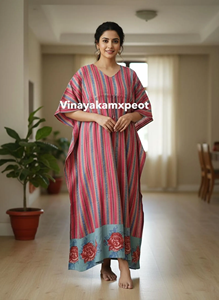 Exclusivo Kaftán de Algodón Hecho a Mano para Mujer, Ropa Étnica Informal, Estampado Floral, Cuello en V, Cordón Ajustable, Vestido Midi Informal - Product Image 6