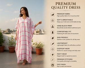 Women <b>Summer</b> Pink Grid Print Cotton <b>Kaftan</b> V Neck Loose Beach Cover Bohemian Maxi Length Kimono Dress Breathable Drawstring - Product Image 4