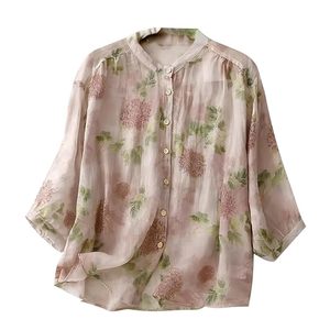 Chemise boutonnée à imprimé floral rose clair pour femme, avec col mandarin et coupe décontractée, manches 3/4 - Product Image 1