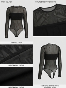 Body string décontracté d'été pour femme, uni, transparent, coupe haute, une pièce, en tissu résille, manches longues - Product Image 4