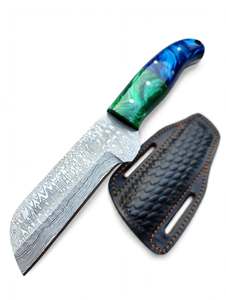 Handcrafted Damascus Steel Utility <b>Tool</b> Dual Tone Green Blue Resin Handle Horizontal <b>Leather</b> Sheath - Product Image 2