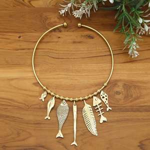 Bohemian Fish <b>Statement</b> Choker <b>Necklace</b> Gold Handmade Tribal Jewelry Coastal Ocean Charm Artisan Gift for Women - Product Image 1