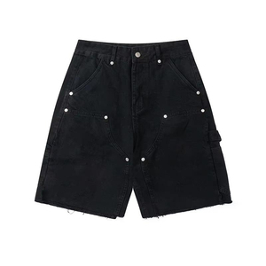 Custom Streetwear <b>Jean</b> Shorts Men Double Waist Knees Diamonds Baggy Cargo <b>Jeans</b> Denim Shorts Men Wash Denim Shorts - Product Image 4