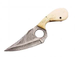 Handcrafted Damascus Steel Compact Utility <b>Knife</b> Natural Bone Handle Finger Hole <b>Craft</b> Tool - Product Image 1