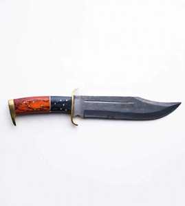 Couteau Bowie de survie d'extérieur à lame fixe en acier Damas à haute teneur en carbone, fait main, DIY, OEM, avec manche en bois dur bicolore et garde en laiton - Product Image 1