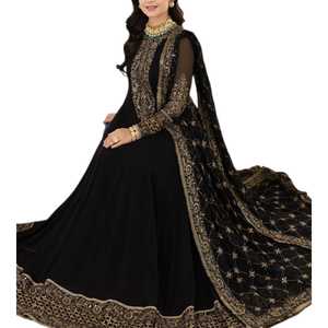 Robe Anarkali en mousseline noire brodée, col montant, manches longues, longueur ras du sol, traîne chapelle, style mère de la mariée - Product Image 1