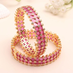 Handmade Ruby and Zirconia Openable <b>Bangle</b> Traditional Indian Brass <b>Bracelet</b> 22K Gold Plated Bridal Jewelry - Product Image 1