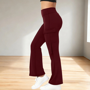 Leggings évasés taille haute pour femmes, couleur unie rouge vin, pantalon extensible en tricot avec poches, longueur intégrale, vêtements de yoga - Product Image 3