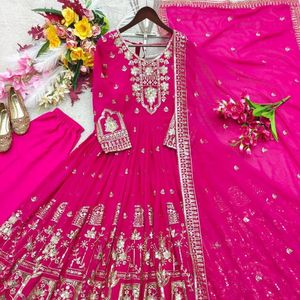 georgette embroidered gown with micro silk <b>pant</b> and <b>sequin</b> dupatta full stitched designer ethnic wear - Product Image 2
