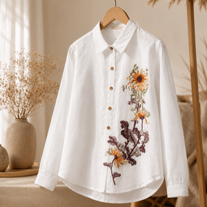 Camisa de Manga Larga de Algodón Blanco para Mujer, Blusa Casual con Botones y Bordado Floral Grande para Venta al por Mayor B2B - Product Image 4