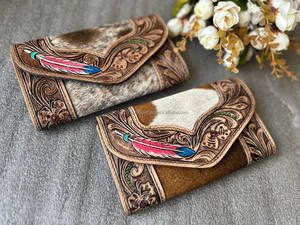 New Western Style Real Tooled Cowhide Leather Clutch Women Designed Clutch Hot Selling Tooled Leather Unique <b>Phone</b> Case Wallets - Product Image 4