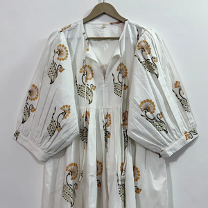 Vestido Midi Informal de Algodón para Mujer, Mangas Abullonadas, Cintura Imperio, Estilo Babydoll, Vestido de Verano, 100% Algodón, Cuello en V Extra Grande, Estampado Floral - Product Image 5