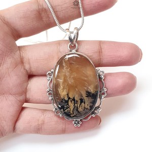 Pendentif vintage en agate dendrite tigre, en argent sterling 925 plaqué or/argent, pierre précieuse ovale bicolore pour homme et femme, idéal pour les fiançailles - Product Image 3