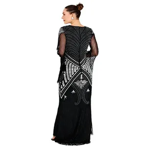 Robe de soirée élégante de style Gatsby des années 1920, noire, géométrique, ornée de perles, brodée argentée, coupe trompette, longue, pour occasions formelles - Product Image 2