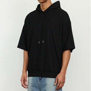 <b>Men's</b> Oversized Black Hooded <b>Short</b> <b>Sleeve</b> Sweatshirt Cotton French Terry Casual Autumn Wear - Product Image 2