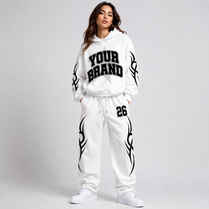 Conjunto de Sudadera con Capucha Blanca Extra Grande y Pantalones Deportivos con Estampado de Llamas Tribales, Traje de Dos Piezas Estilo Urbano Unisex - Product Image 6