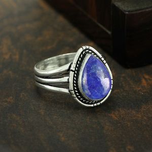 Teardrop Lapis Lazuli Bezel Setting Statement <b>Ring</b> 925 Sterling Silver Vintage Oxidized Plating Women's Jewelry - Product Image 3