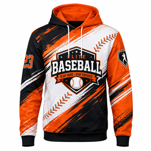 Sudadera con Capucha de Béisbol Elite para Hombre, Estampado por Sublimación, Ropa Deportiva Transpirable, Diseño Estampado en Naranja, Negro y Blanco - Product Image 1