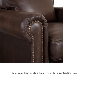 Fauteuil d'appoint rembourré en cuir de vache 100 % véritable, design classique à accoudoirs roulés, garniture cloutée, mobilier de maison - Product Image 4