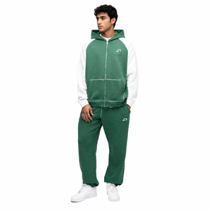 Ensemble de survêtement polaire zippé pour homme, vert et blanc, brodé, à manches raglan, coupe oversize, décontracté, 2 pièces - Product Image 1