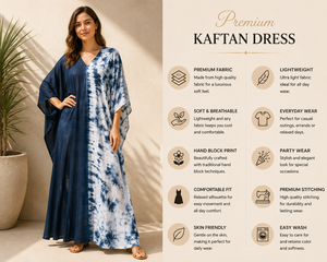 Trendy Women Navy Blue Tie Dye V Neck Bohemian <b>Kaftan</b> Maxi Dress 100% Cotton Woven Eco-Friendly Modern <b>Summer</b> Beach Wear Resort - Product Image 5