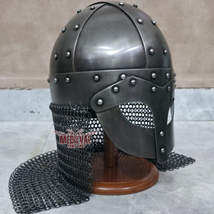 Casque Viking médiéval fait main en acier doux gris fumé avec chaîne de mailles pour reconstitution historique, cosplay et fête d'Halloween - Product Image 2