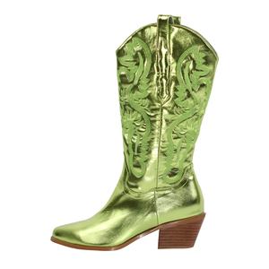 Bota Vaquera de Cuero Plateado Bordado con Diseño Occidental y Tacón Bajo - Product Image 3