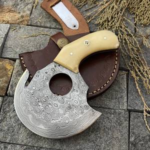 Custom Hand Forged Damascus Steel Hunting Ulu Alaskan Pizza Cutter Hatchet Wood <b>Handle</b> 3 1/2 Cutting Edge Handmade Chef Kitchen - Product Image 6