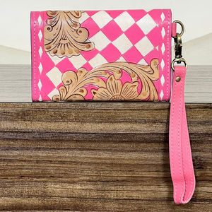 Trending Pink Tooled Checkered Leather Floral Design Women Clutch RFID Genuine Leather Cash & Card Holder Wallet for Daily Use - Product Image 6
