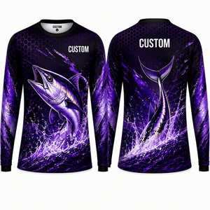 เสื้อตกปลาผู้ชายแบบสั่งทำ OEM ODM แขนยาว UPF 50 ป้องกันรังสียูวี โพลีเอสเตอร์ พิมพ์ลายสีน้ำเงินดำ สำหรับใส่กิจกรรมกลางแจ้ง - Product Image 5