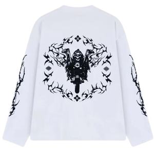 T-shirt à manches longues pour homme, blanc, imprimé graphique, col rond, en coton, style streetwear décontracté, avec motifs sur les manches et le dos - Product Image 2