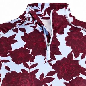 Kaos Golf Wanita Lengan Panjang Kerah Setengah Resleting Burgundy Sublimasi, Atasan Olahraga Bermotif Bunga untuk Latihan Luar Ruangan - Product Image 5