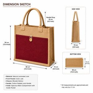 Jute Shopping <b>Bag</b> <b>Medium</b> <b>Size</b> Button Closure Cotton Padded Handle Natural Laminated Material Front Pocket - Product Image 2