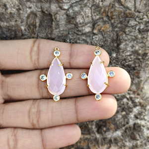 Pink Chalcedony Pear Stone <b>Earring</b> Connector Single Bail Tiny White Cubic Zirconia Accents 18k Gold Plated Brass Prong Set - Product Image 4